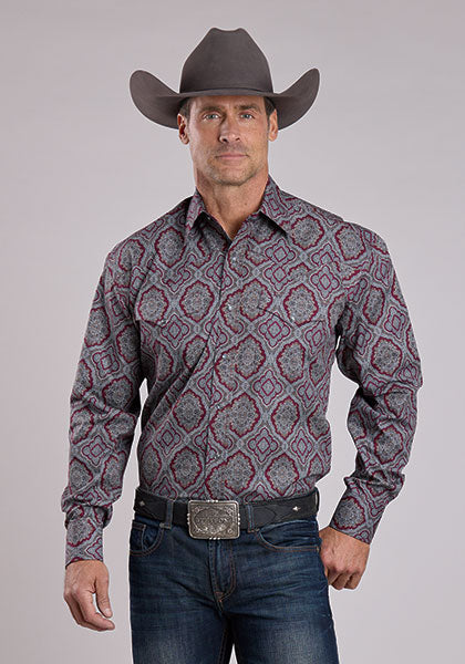 Stetson Men's Long Sleeve Wine Medallion Paisley Western Shirt