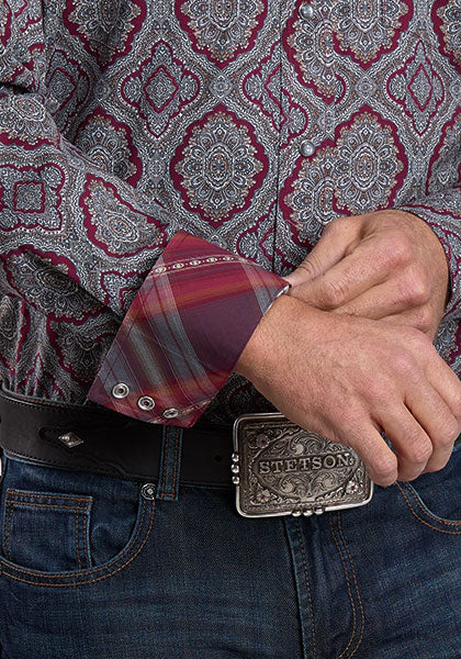 Stetson Men's Long Sleeve Wine Medallion Paisley Western Shirt