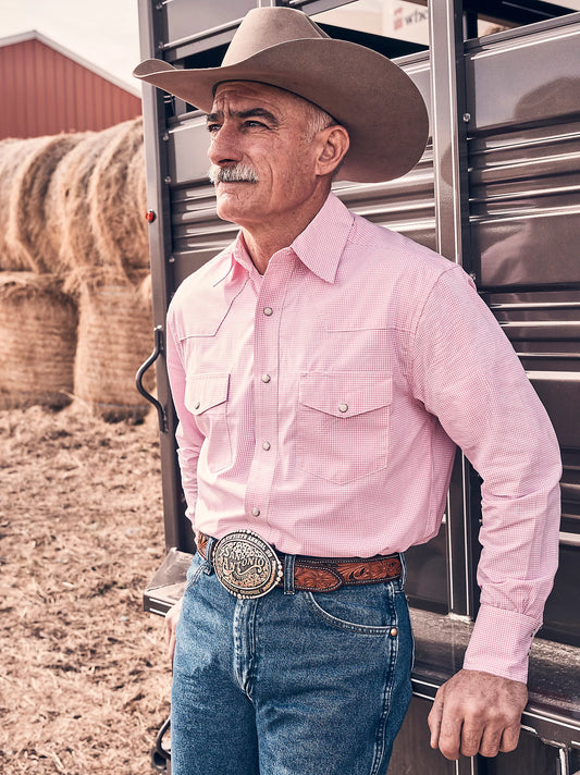 Men Wrangler® Bucking Cancer Long Sleeve Shirt Fuchsia Pink