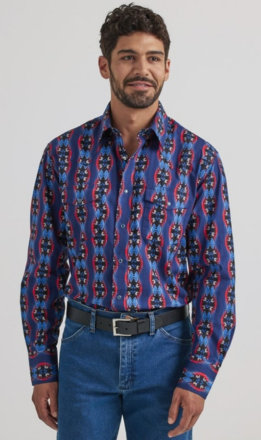 Men's Wrangler Checotah® Long Sleeve Western Snap Printed Shirt In Geo Red And Blue