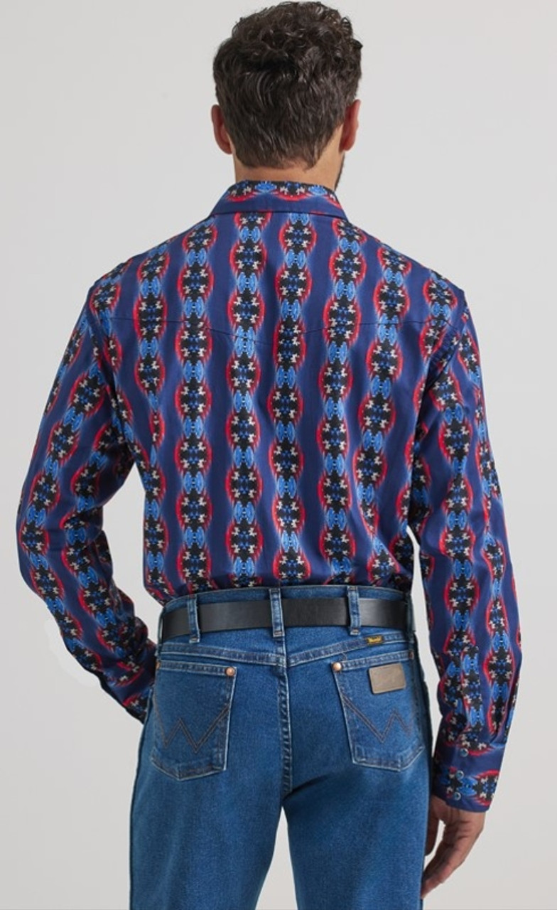 Men's Wrangler Checotah® Long Sleeve Western Snap Printed Shirt In Geo Red And Blue