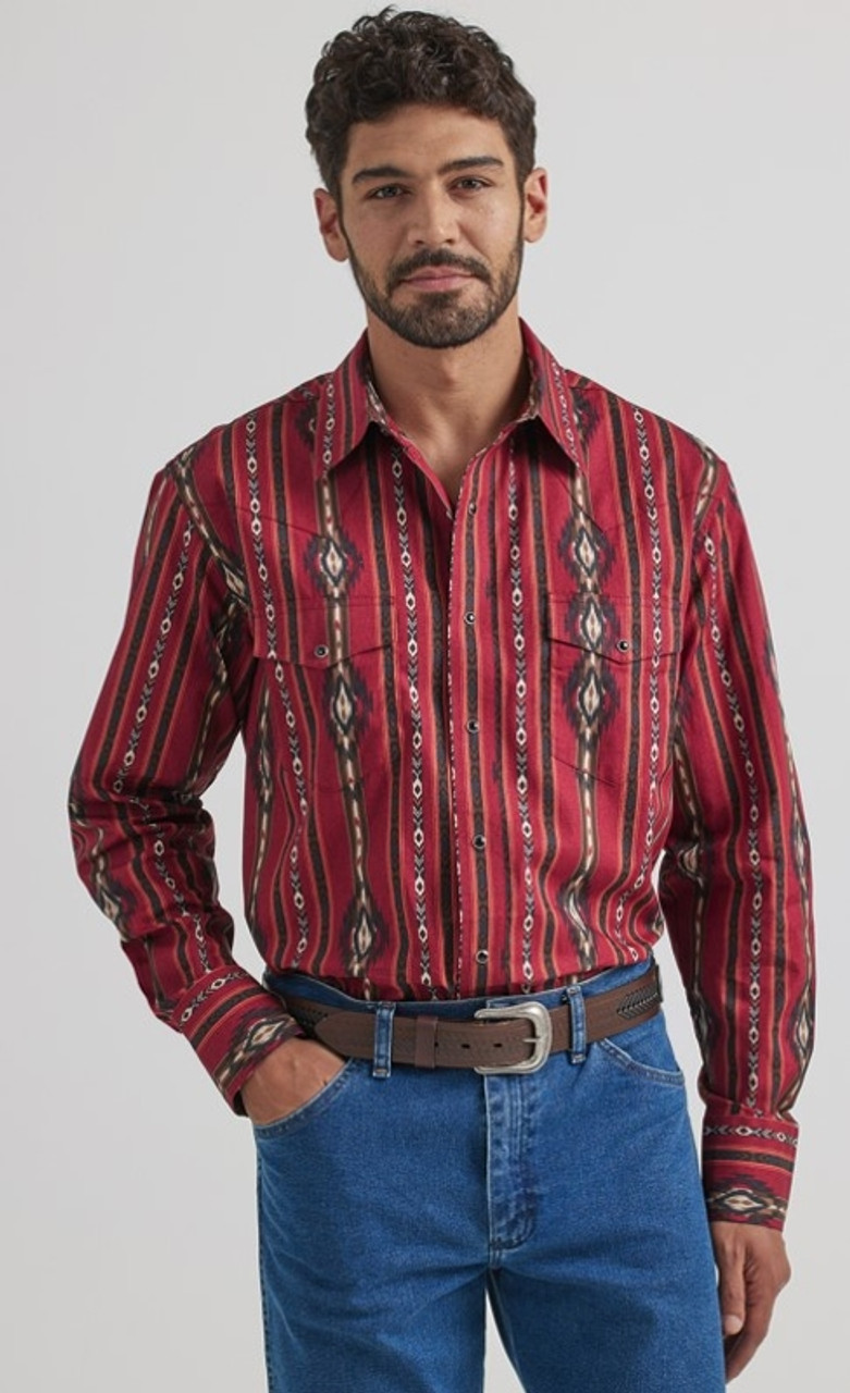 Men's Wrangler Checotah® Long Sleeve Western Snap Printed Shirt In Bur ...