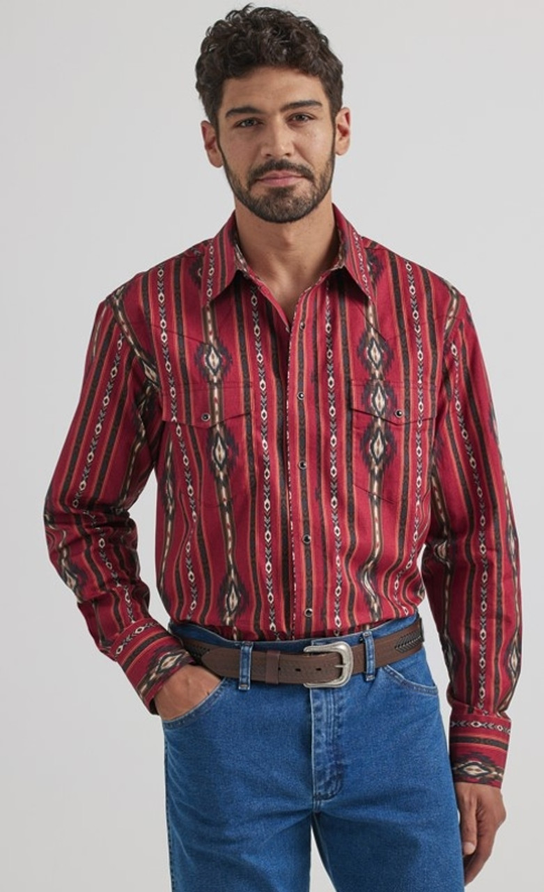 Men's Wrangler Checotah® Long Sleeve Western Snap Printed Shirt In Burgundy