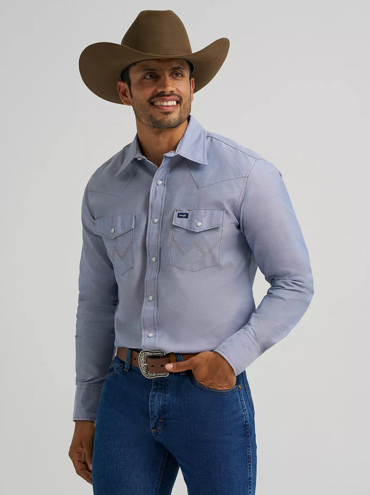 Wrangler® Men's Western Chambray Long Sleeve Work Shirt - Classic Fit Chambray