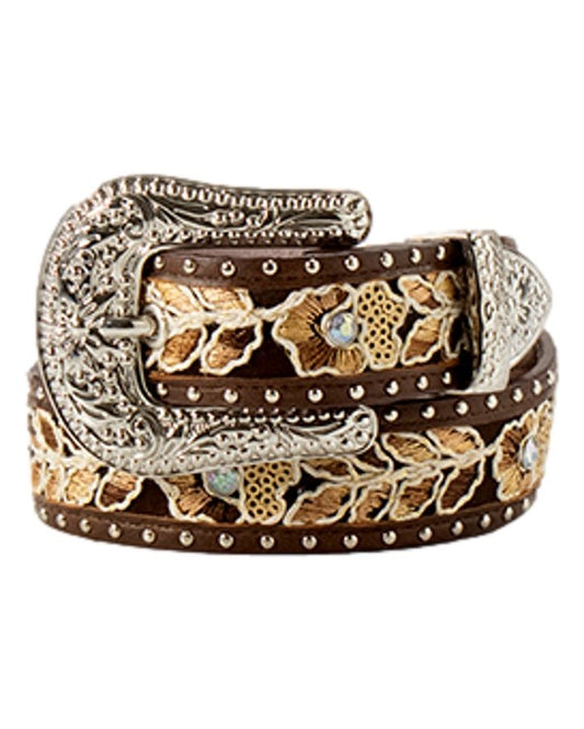 Angel Ranch Girls Belt 1 1/4" Lace Embroidered Brown