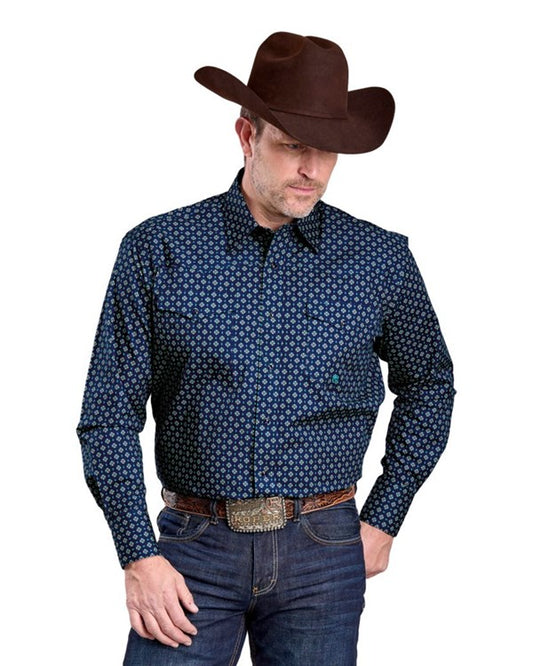 Roper Men's Long Sleeve Snap Pinwheel Foulard Blue Western Shirt