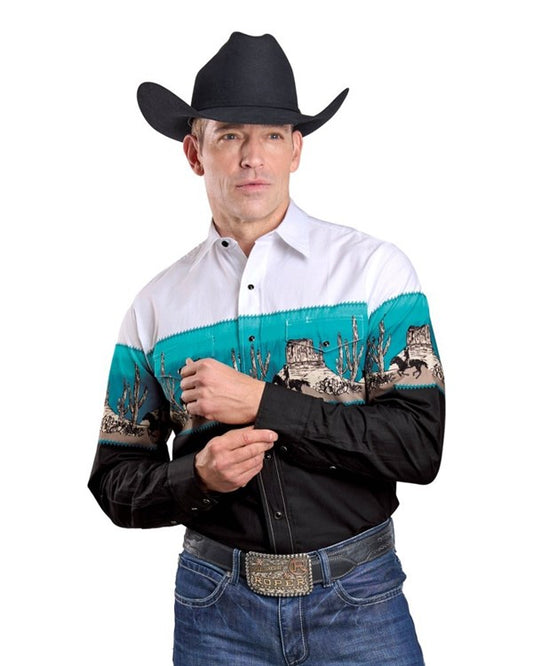 Roper Men's Long Sleeve Scenic Border Blue Western Shirt