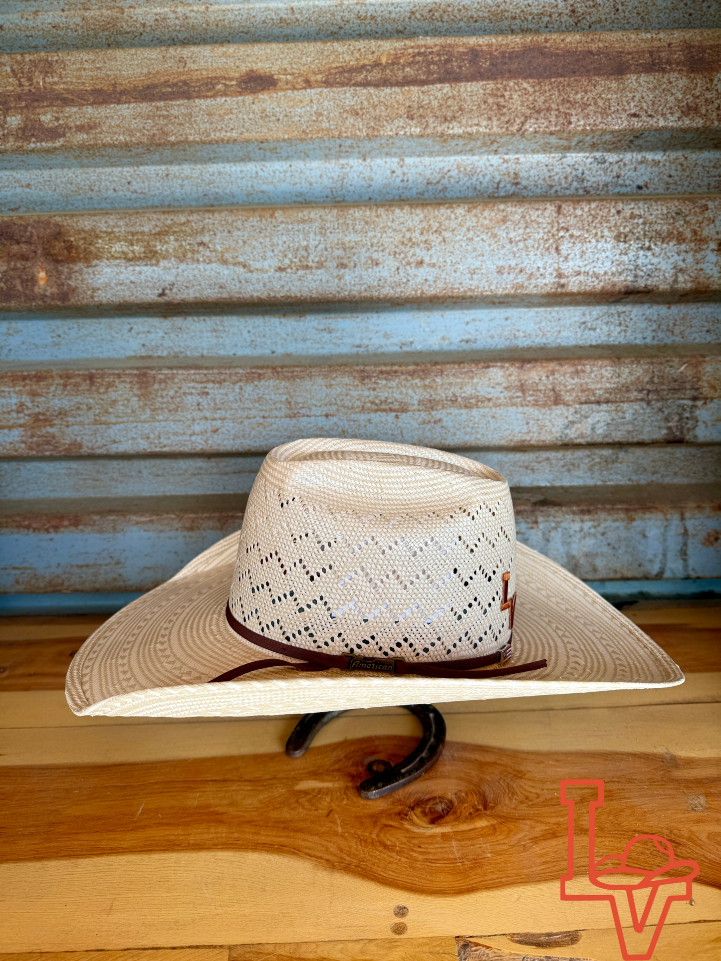 American Hat Company Straw Hat Regular Crown Waves Tan White