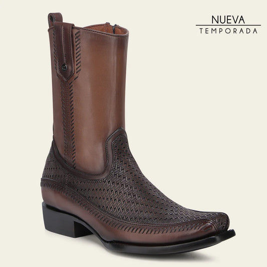 Cuadra Men's Honey Laser & Woven & Zipper Narrow Square Toe Decorated Bovine Boots