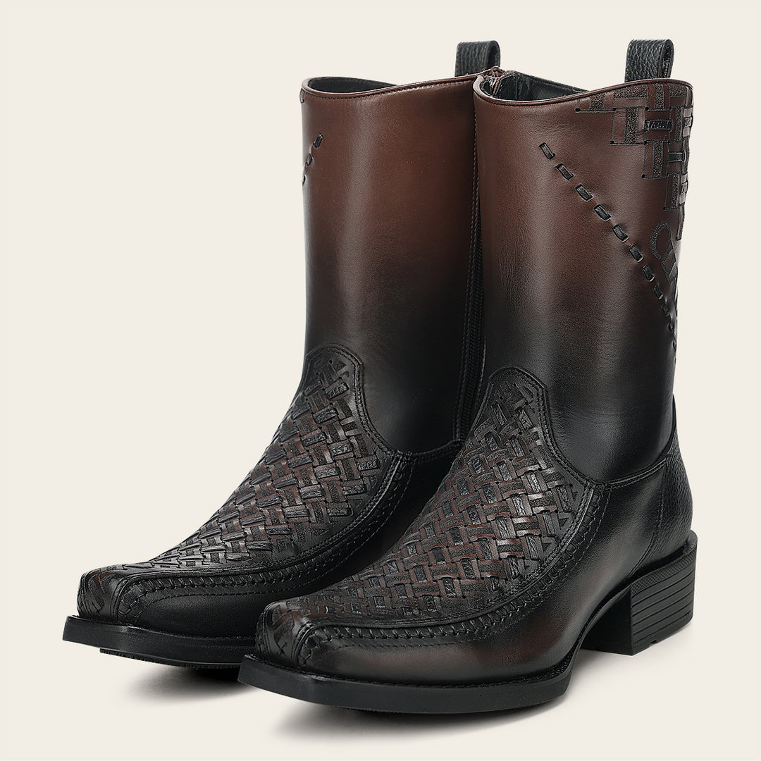 Cuadra Men's Chocolate Laser And Embroidery Narrow Square Cowboy Boots CC293