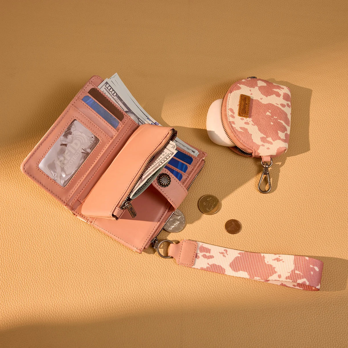 Wrangler Cow Print Wallet & Coin Pouch Wristlet Set - Dark Pink