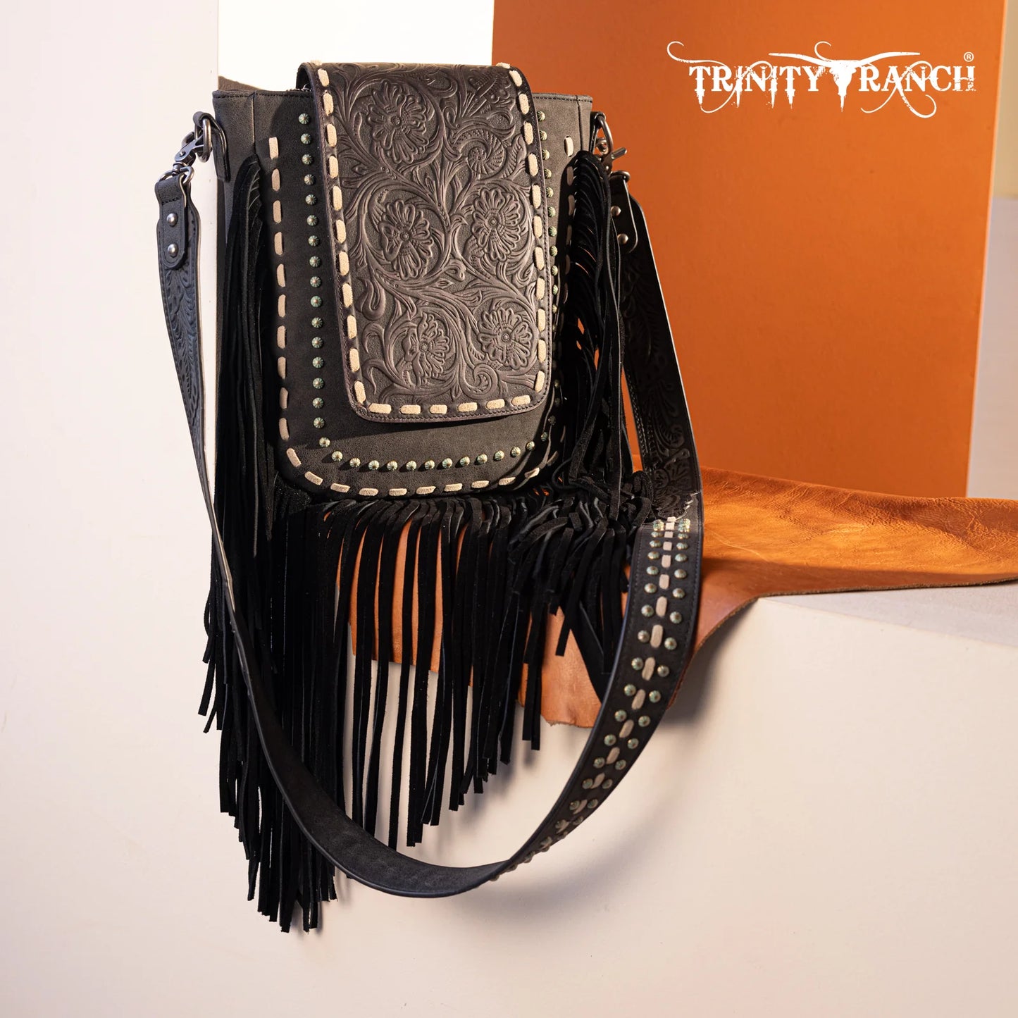 Trinity Ranch Floral Tooled Concealed Carry Crossbody Bag Black