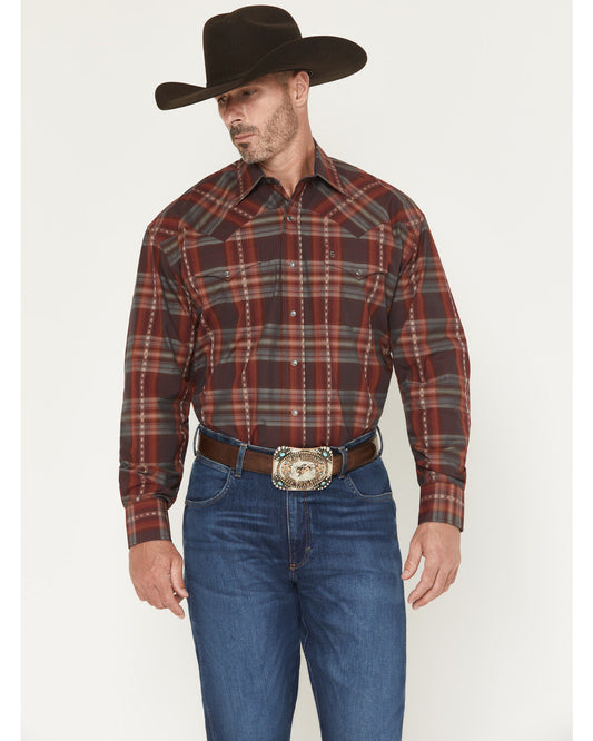 Stetson Men's Long Sleeve Burgundy Dobby Plaid Western Shirt