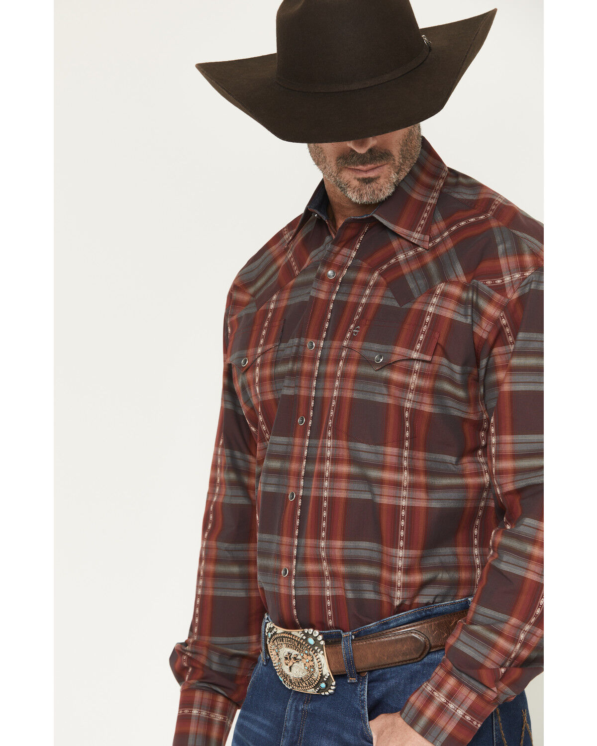 Stetson Men's Long Sleeve Burgundy Dobby Plaid Western Shirt