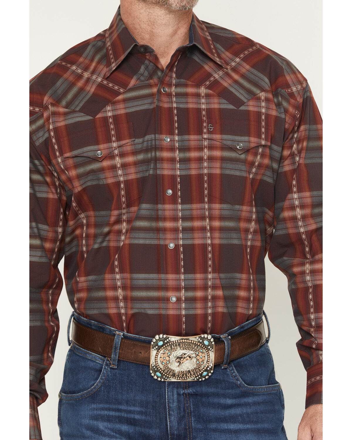 Stetson Men's Long Sleeve Burgundy Dobby Plaid Western Shirt