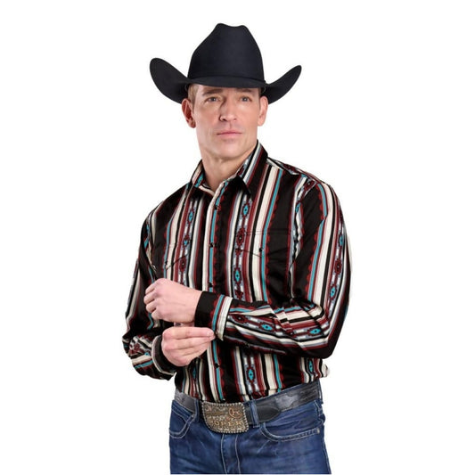Roper Men's Long Sleeve Snap Serape Stripe Stripe Black Western Shirt