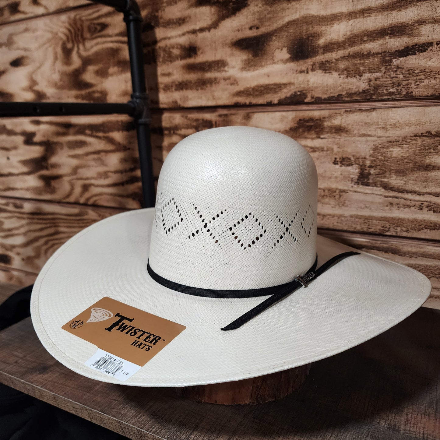 Twister Straw Hat Regular Crown Diamond Cross White