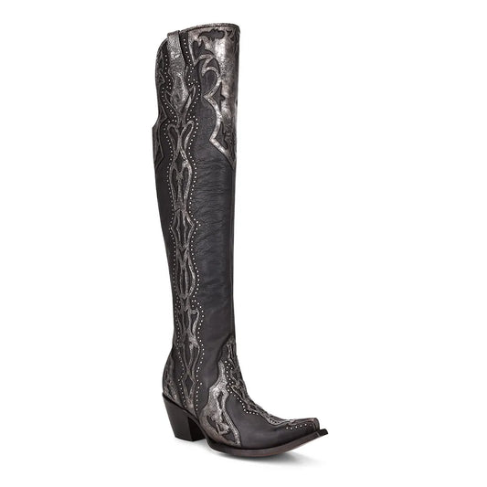 Corral Boots Ladies Overlay Embroidery Stud Tall Top  Western Boots Black