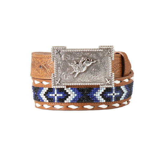 3D Boys Belt Feather Embossed Beaded Inlay Blue