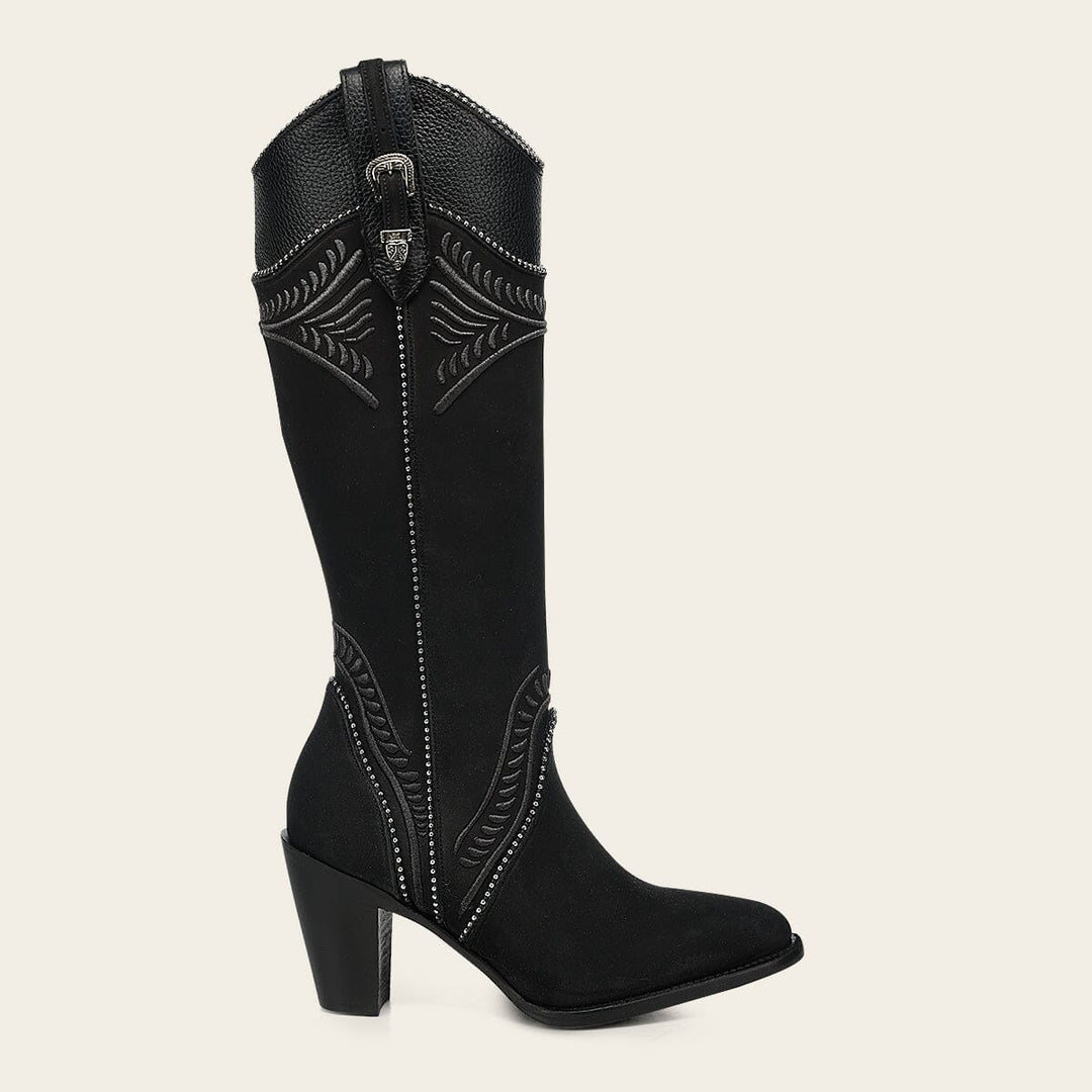 Cuadra Ladies Nubuck Black Embroidery Round Toe Tall Boot CC357