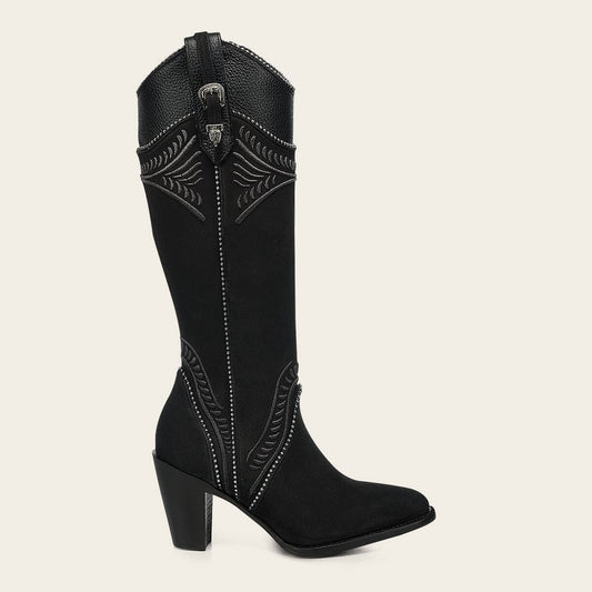 Cuadra Ladies Nubuck Black Embroidery Round Toe Tall Boot CC357