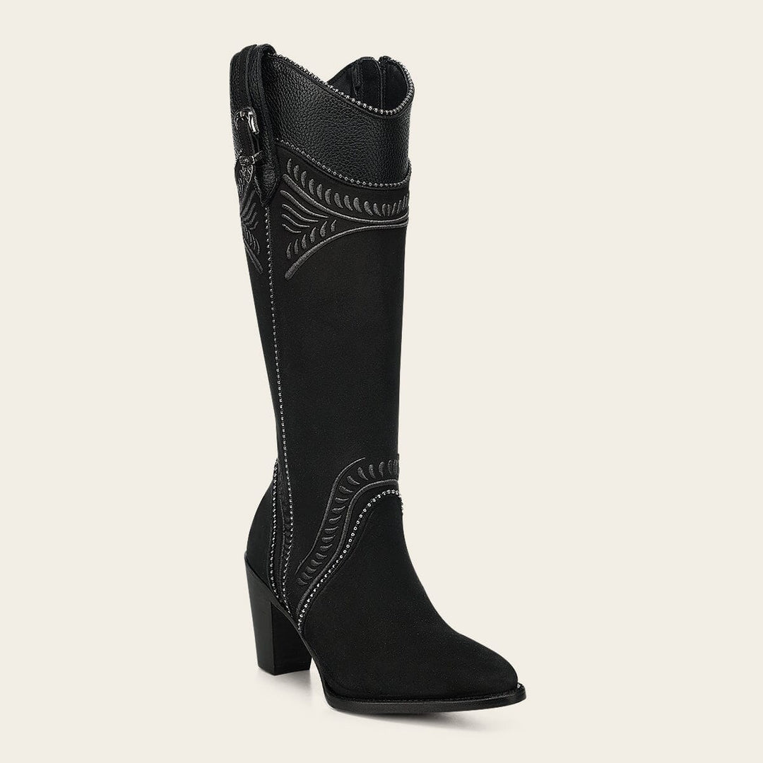 Cuadra Ladies Nubuck Black Embroidery Round Toe Tall Boot CC357