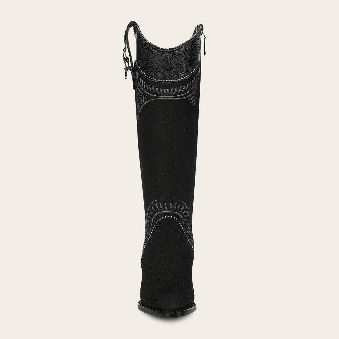 Cuadra Ladies Nubuck Black Embroidery Round Toe Tall Boot CC357
