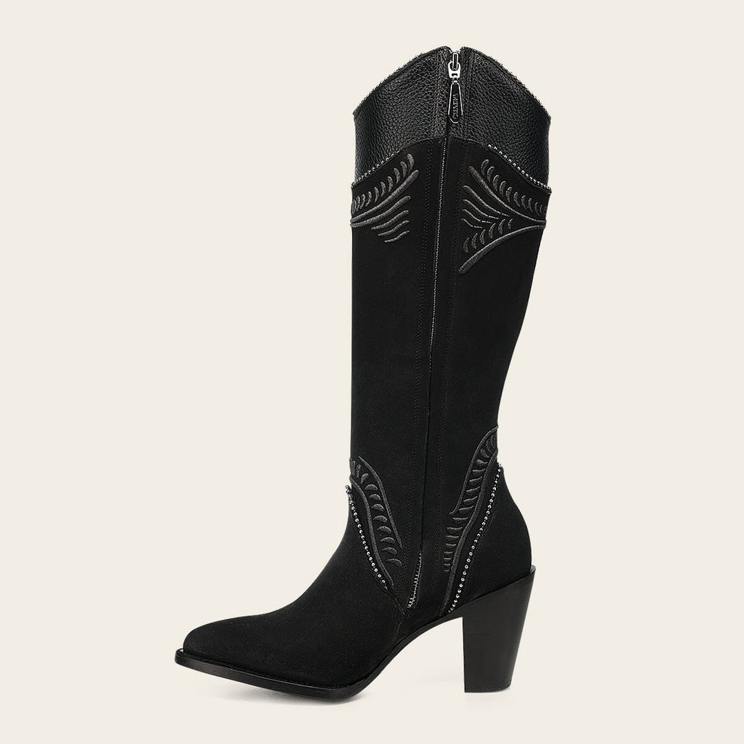 Cuadra Ladies Nubuck Black Embroidery Round Toe Tall Boot CC357