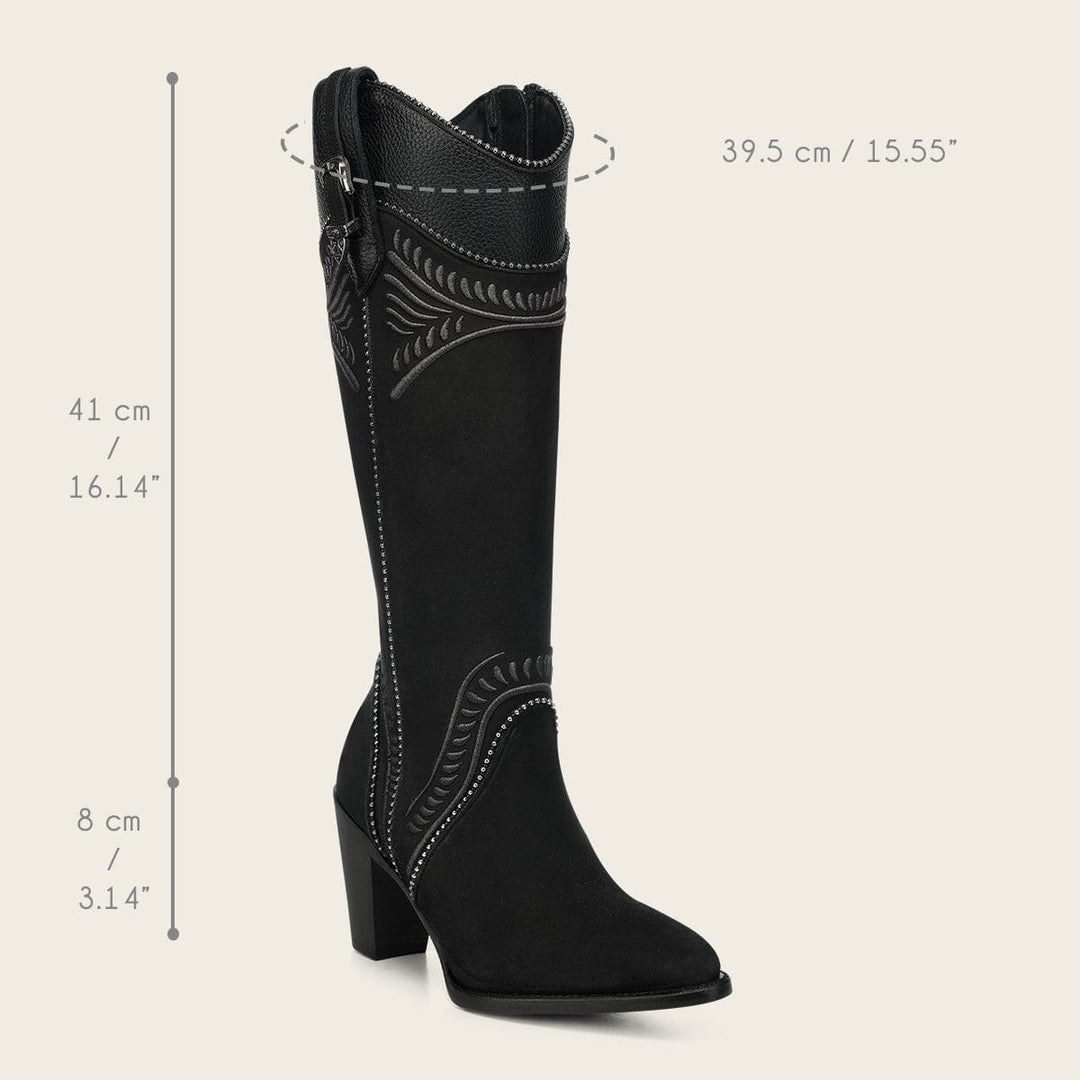 Cuadra Ladies Nubuck Black Embroidery Round Toe Tall Boot CC357