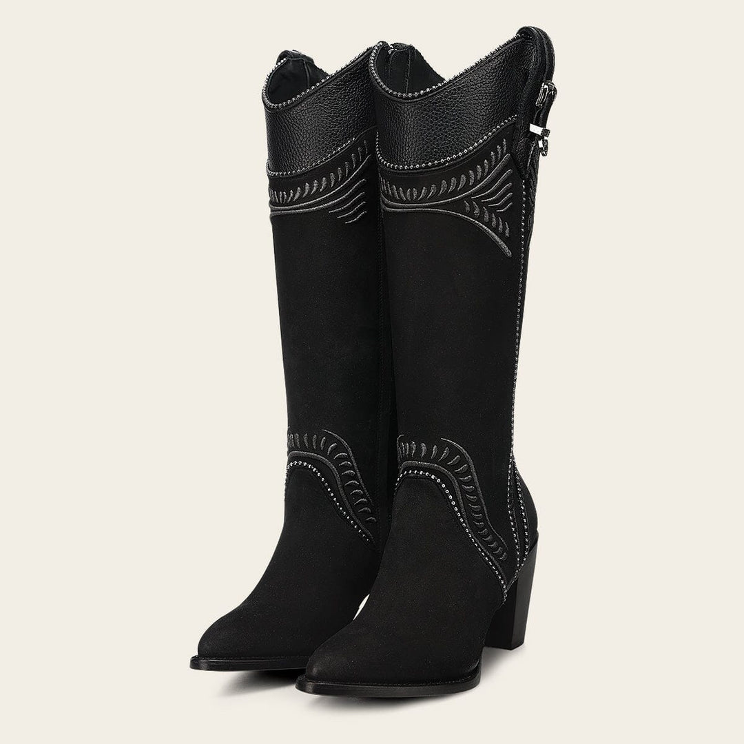 Cuadra Ladies Nubuck Black Embroidery Round Toe Tall Boot CC357