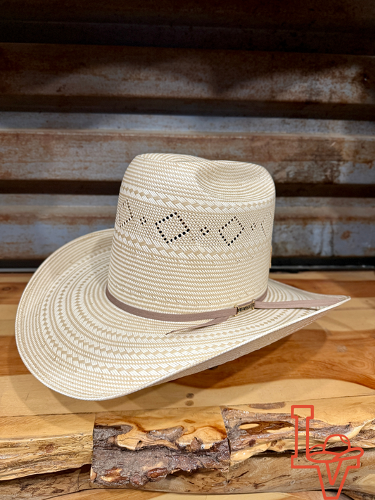Los Vaqueros Straw Hat Tall Crown Diamond Eyes Tan White