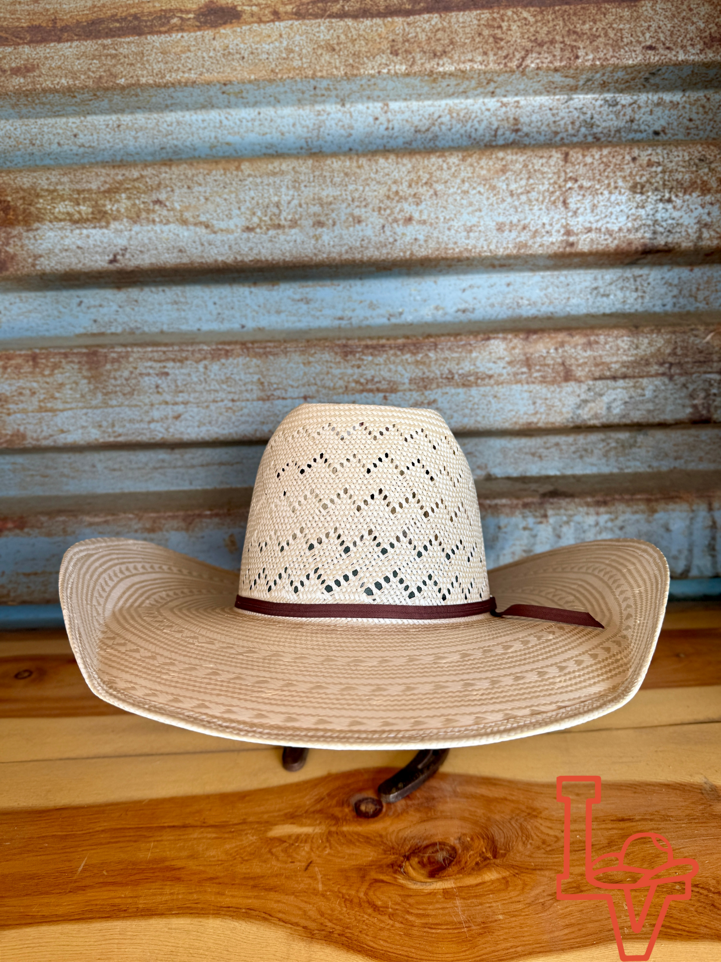 American Hat Company Straw Hat Regular Crown Waves Tan White