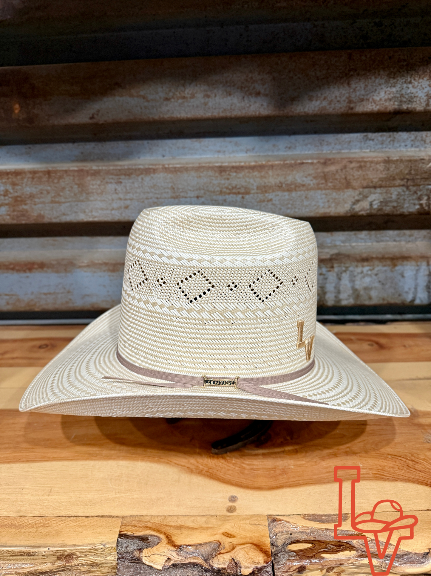 Los Vaqueros Straw Hat Tall Crown Diamond Eyes Tan White