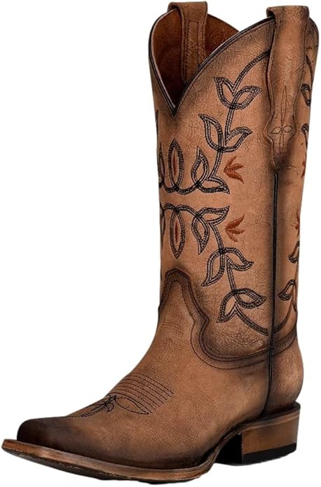 Circle G Ladies L2032 Brown Flowered Embroidery Square Toe Western Boots