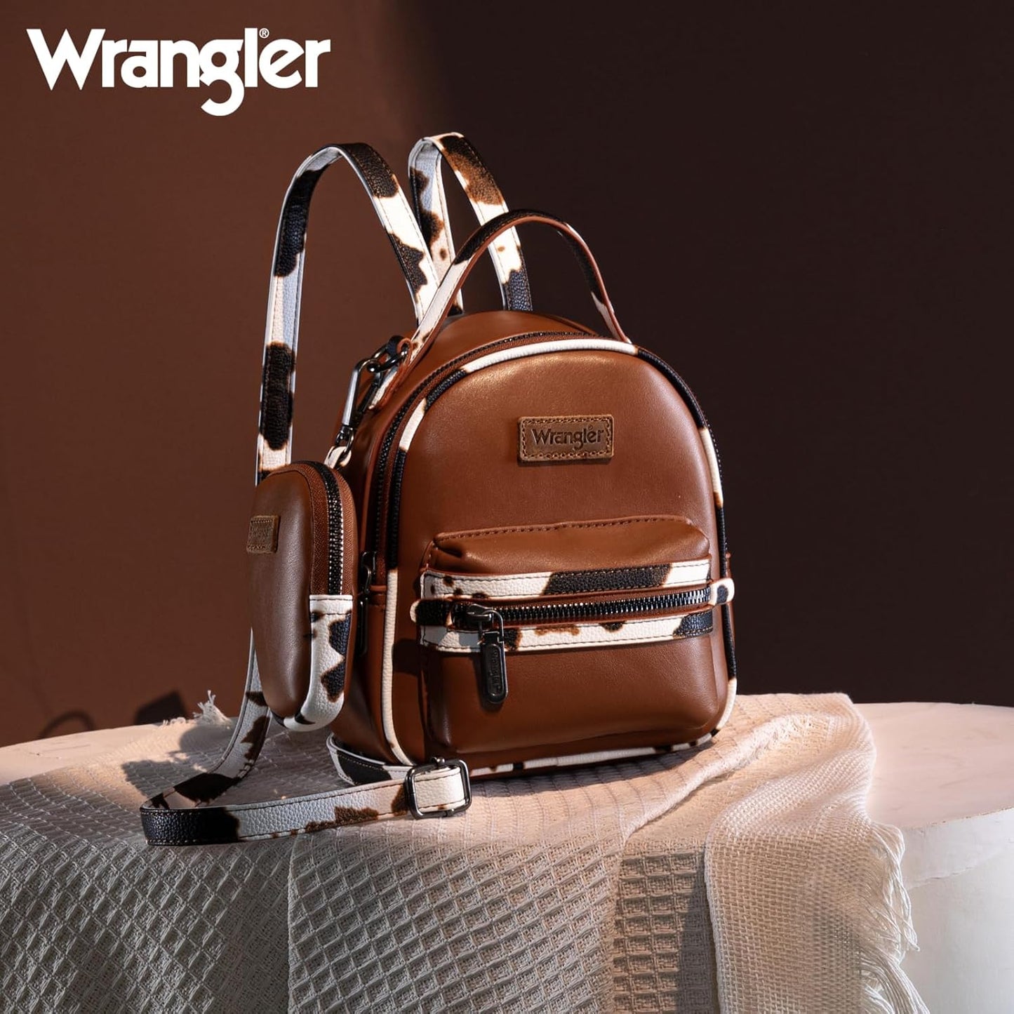 Wrangler Cow Print Trimmed Mini Backpack With Coin Pouch - Brown