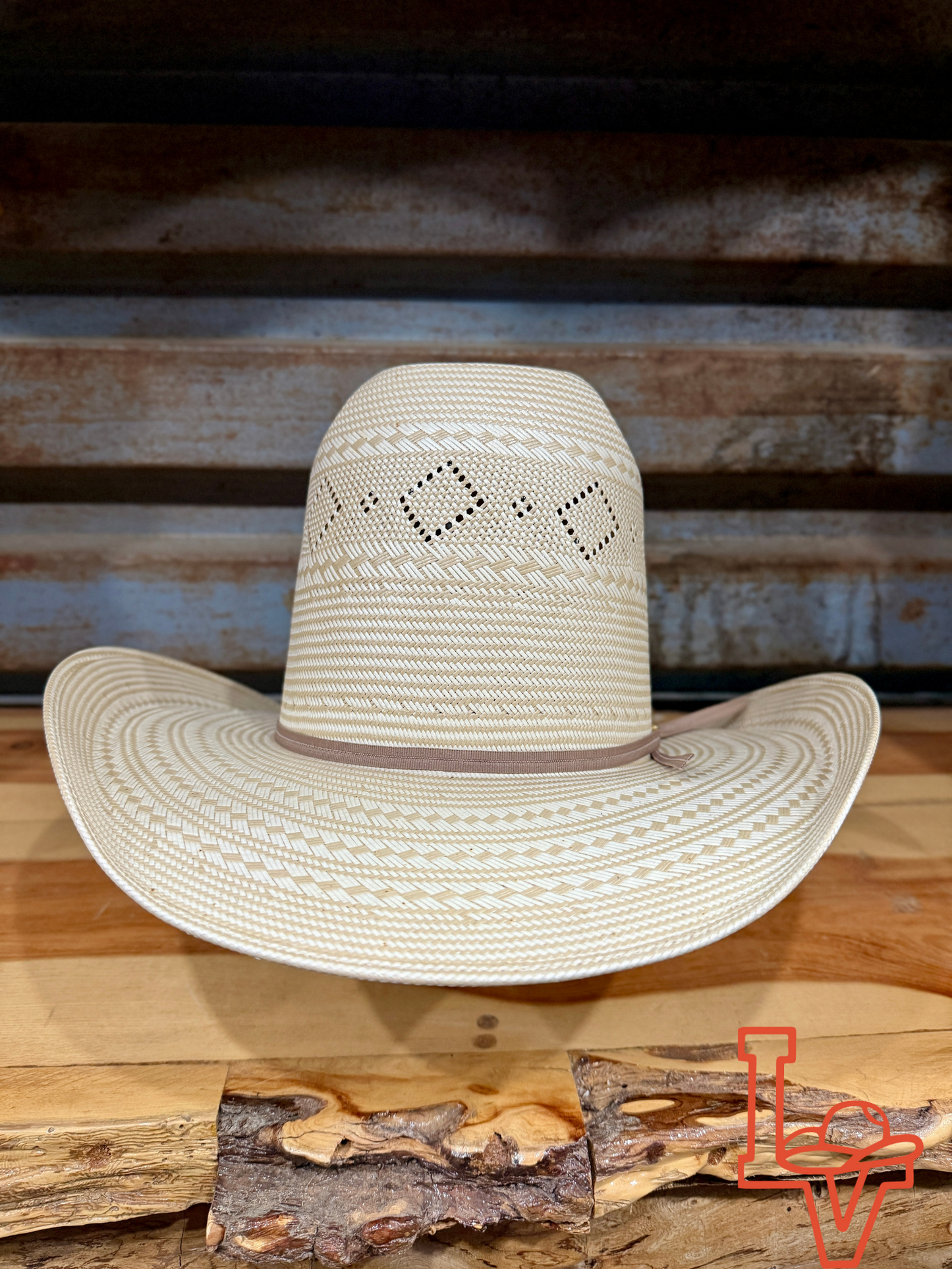 Los Vaqueros Straw Hat Tall Crown Diamond Eyes Tan White