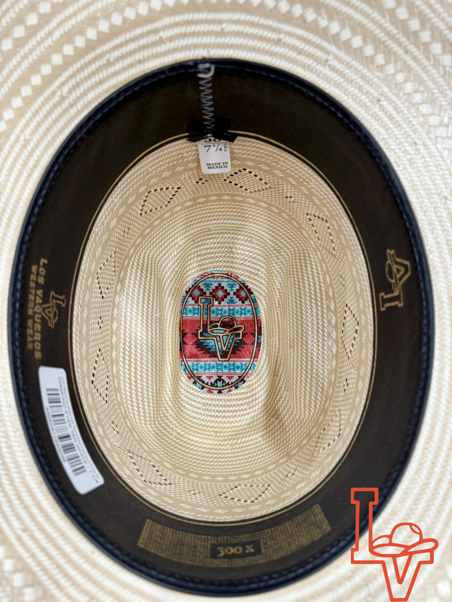 Los Vaqueros Straw Hat Tall Crown Diamond Eyes Tan White