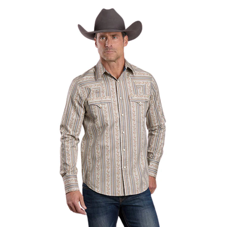 Stetson Men's Long Sleeve Frontier Wallpaper Western Shirt Brown