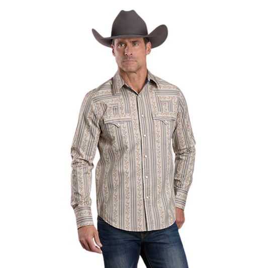 Stetson Men's Long Sleeve Frontier Wallpaper Western Shirt Brown