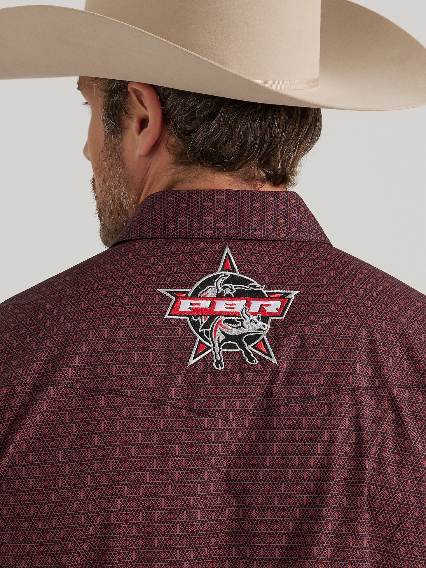 Men's Wrangler® Pbr® Logo Long Sleeve Print Western Snap Shirt In Carmine