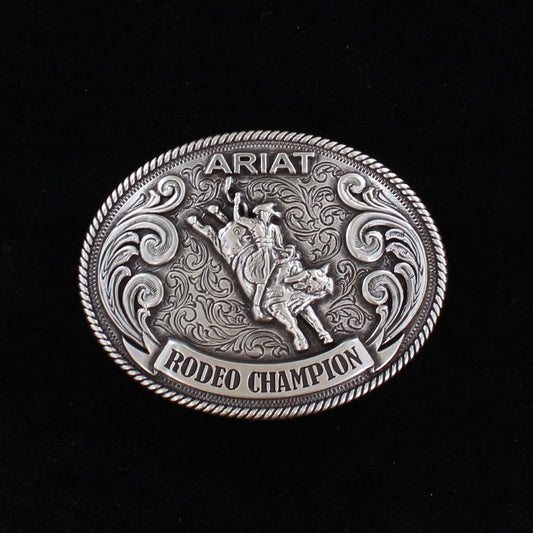 Ariat Oval Rope Edge Rodeo Champion Buckle Antique Silver