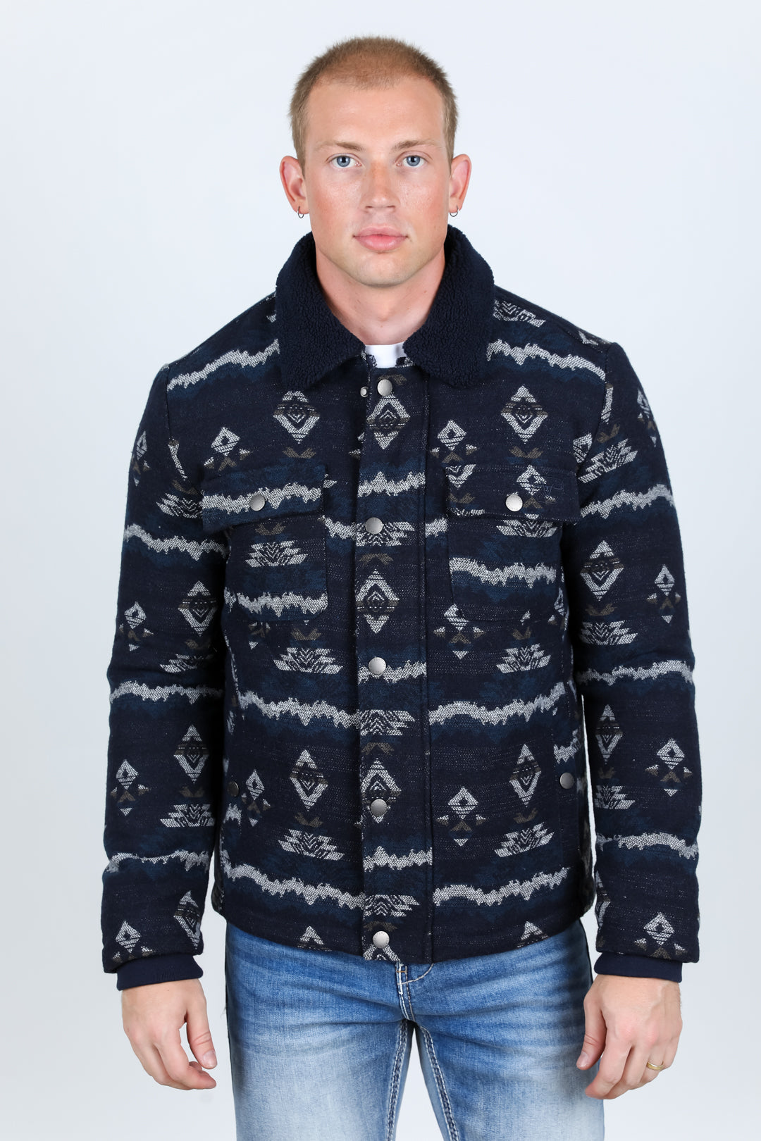 Platini Mens Ethnic Aztec Quilted Fur Lined Jacket - Navy