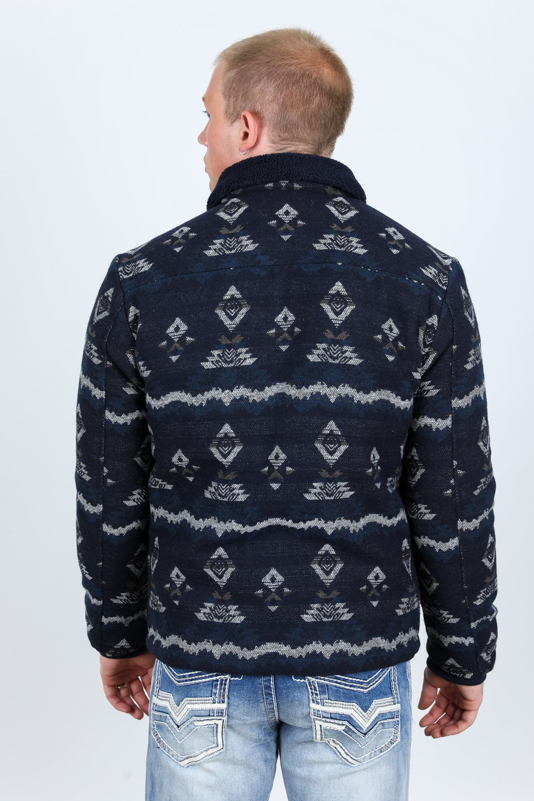 Platini Mens Ethnic Aztec Quilted Fur Lined Jacket - Navy