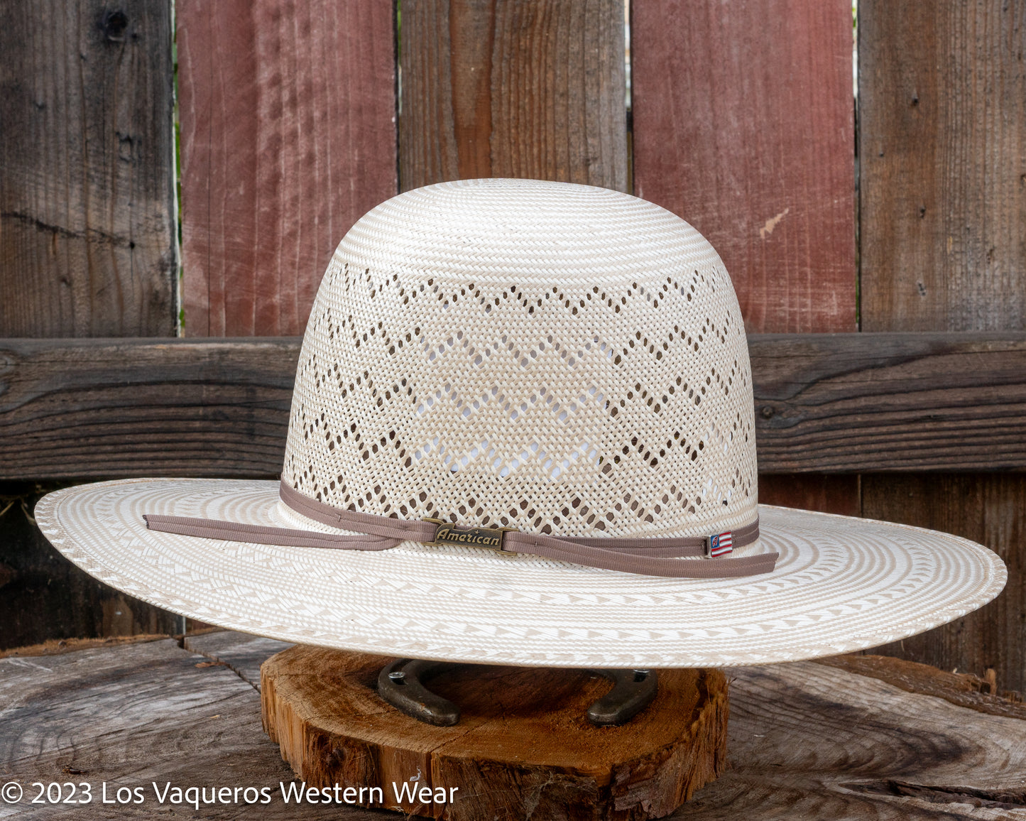 American Hat Company Straw Hat Regular Crown Waves Tan White