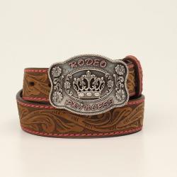 Angel Ranch Girls Belt 1 1/4 Tooled Floral Lace Stitch Dark Brown