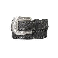 Angel Ranch Ladies Belt 1 1/2" Floral Embossed Gun Metal Diamond Black