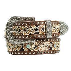 Angel Ranch Ladies Belt 1 1/2'' Floral Stitch Crystal Studs Brown
