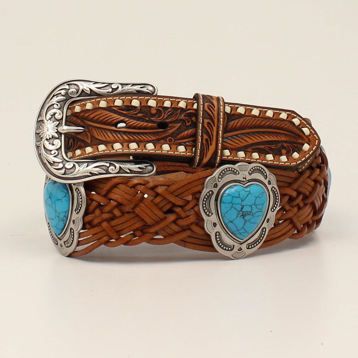 Angel Ranch Ladies Belt Tooled Tabs Braided Heart Concho Tan