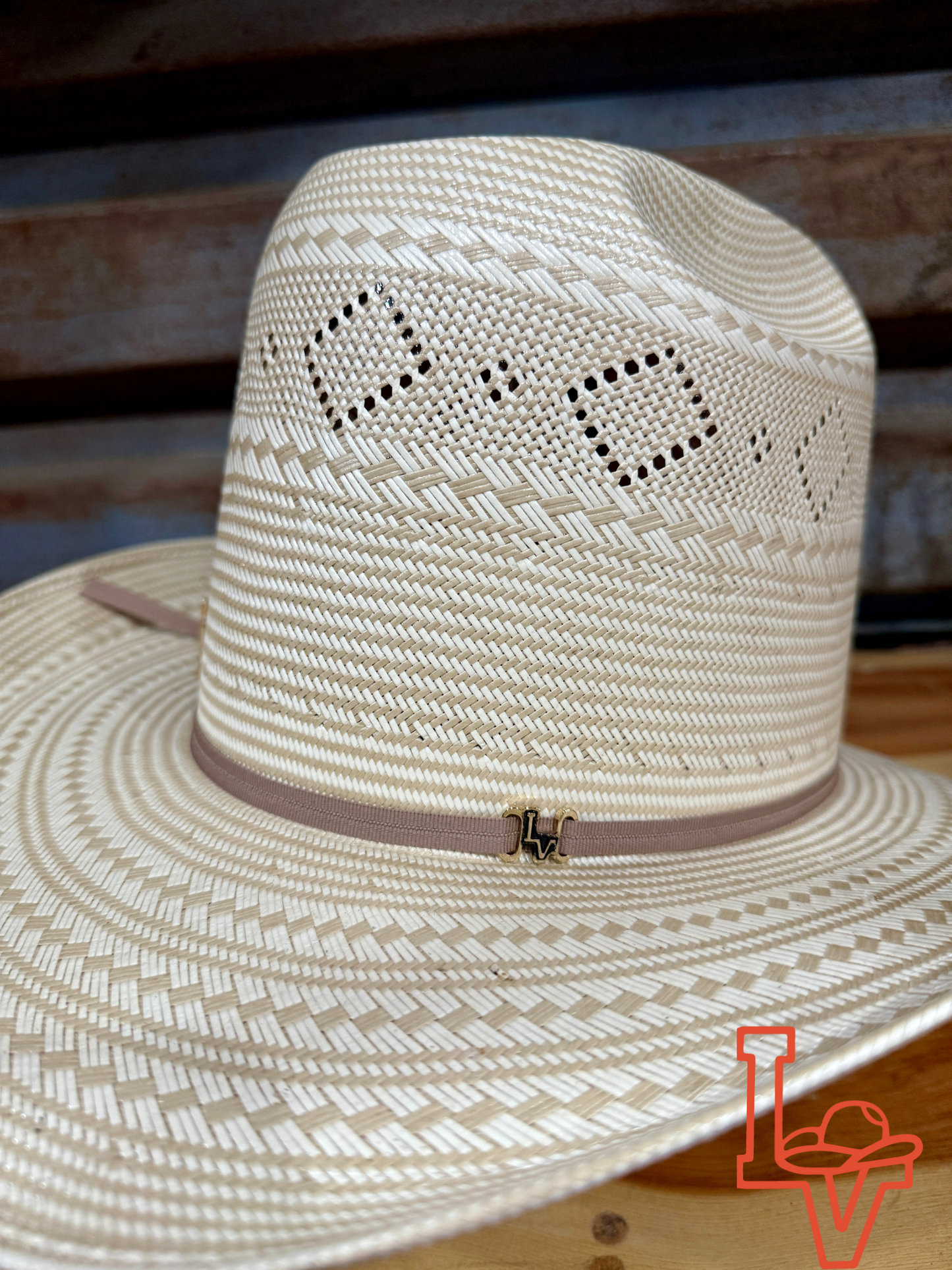 Los Vaqueros Straw Hat Tall Crown Diamond Eyes Tan White