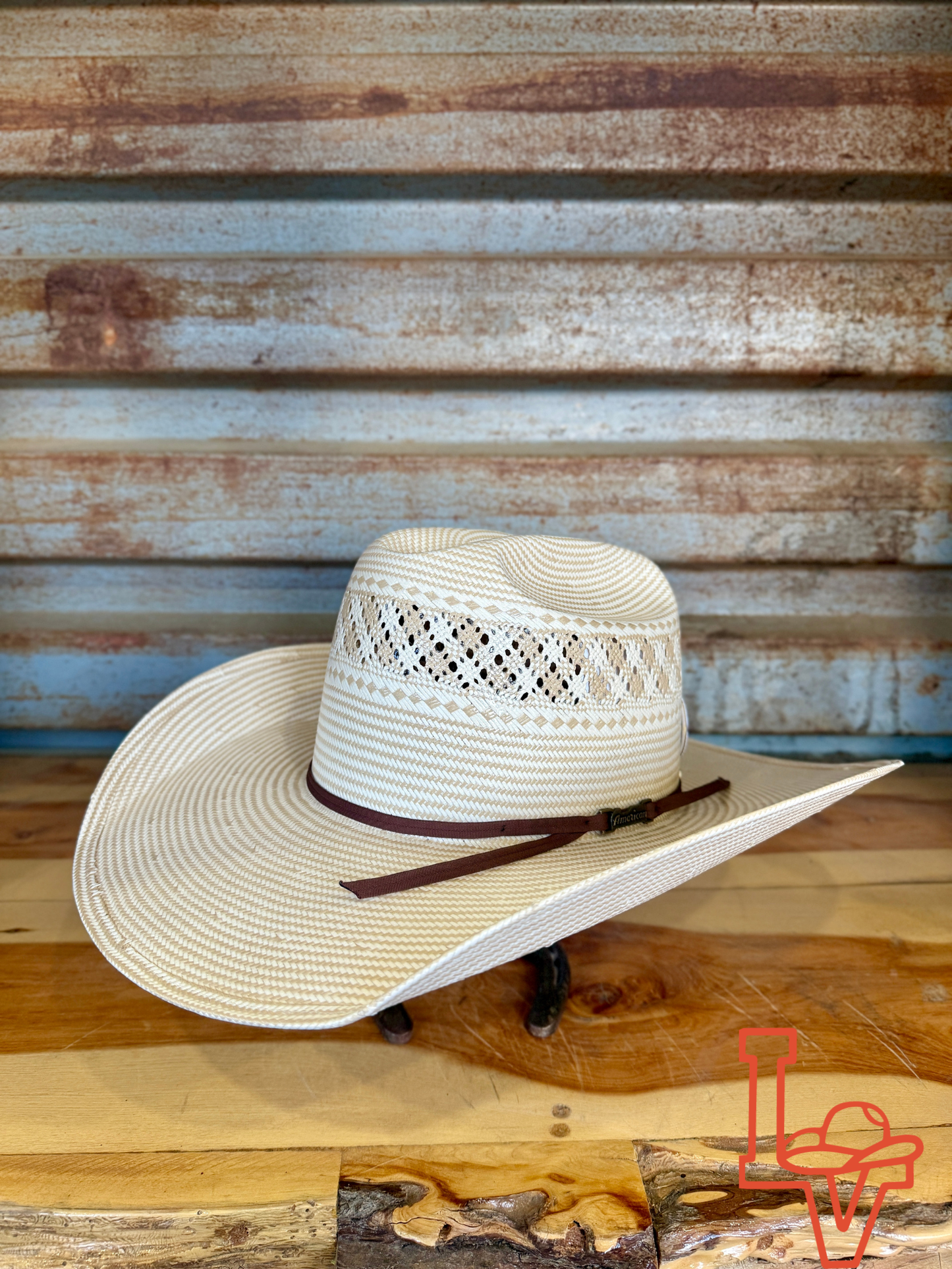 American Hat Company Straw Hat Regular Crown Charol Tan White